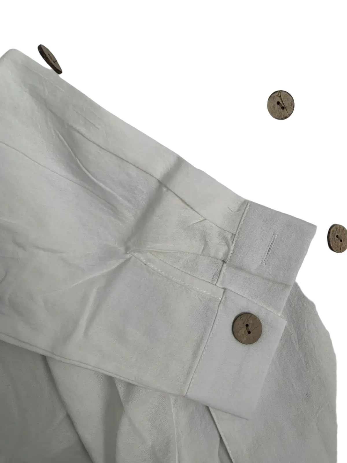 Men long sleeve linen mandarin collar casual shirt in white cotton with natural wood-tone buttons