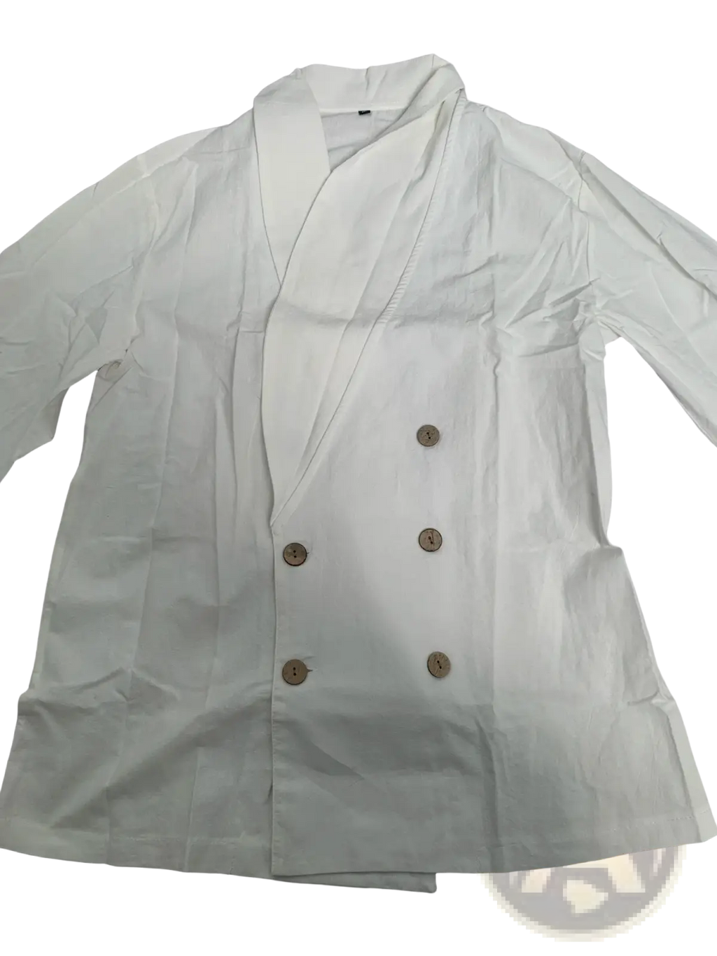White double-breasted chef coat with wooden buttons made of linen featuring long sleeves and a mandarin collar for casual wear