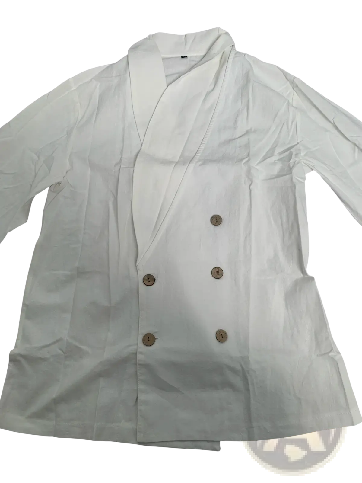 White double-breasted chef coat with wooden buttons made of linen featuring long sleeves and a mandarin collar for casual wear