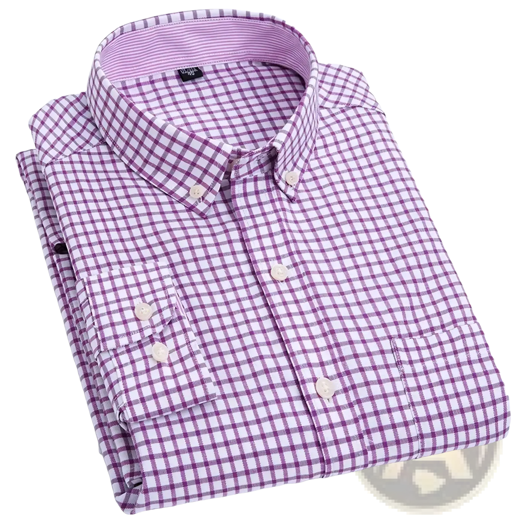 Men long sleeve oxford casual shirt with purple and white checkered pattern and cream-colored buttons neatly folded