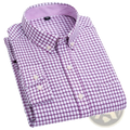 Men long sleeve oxford casual shirt with purple and white checkered pattern and cream-colored buttons neatly folded