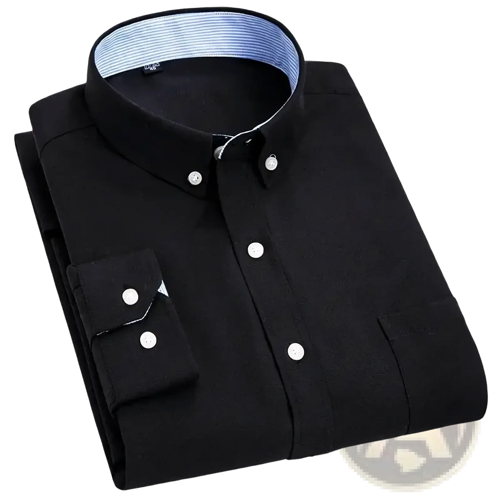 Men long sleeve Oxford casual shirt in black cotton with white buttons and a blue striped inner collar detail