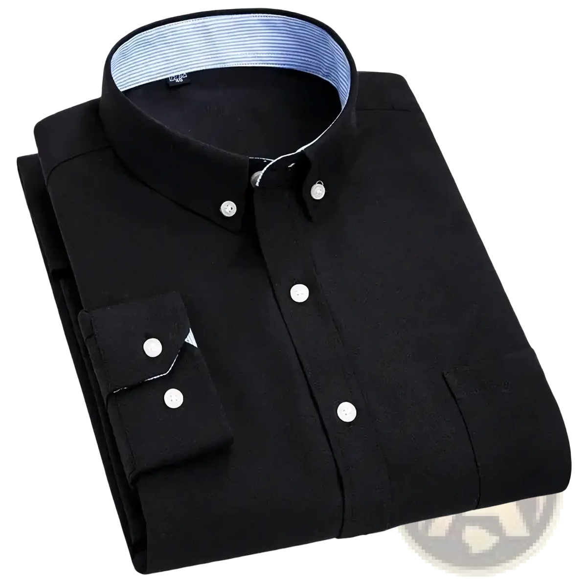 Men long sleeve Oxford casual shirt in black cotton with white buttons and a blue striped inner collar detail