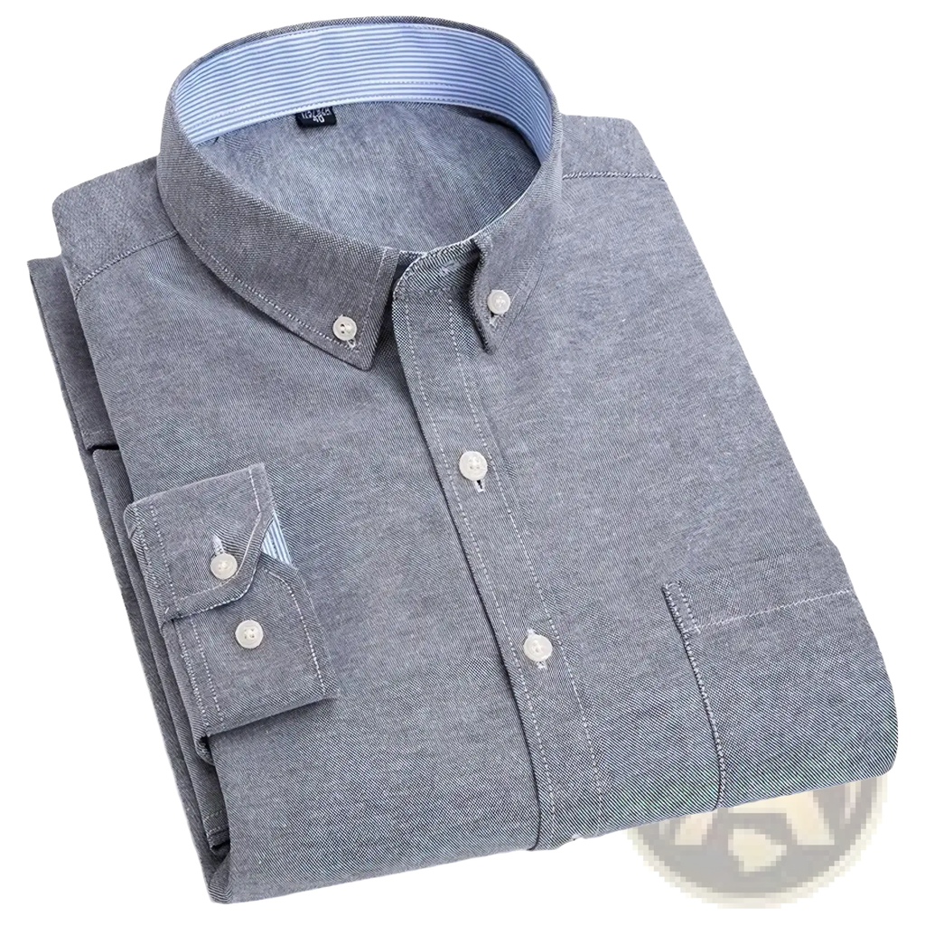 Men long sleeve Oxford casual shirt in gray textured fabric with subtle striped inner collar and matching cuff details