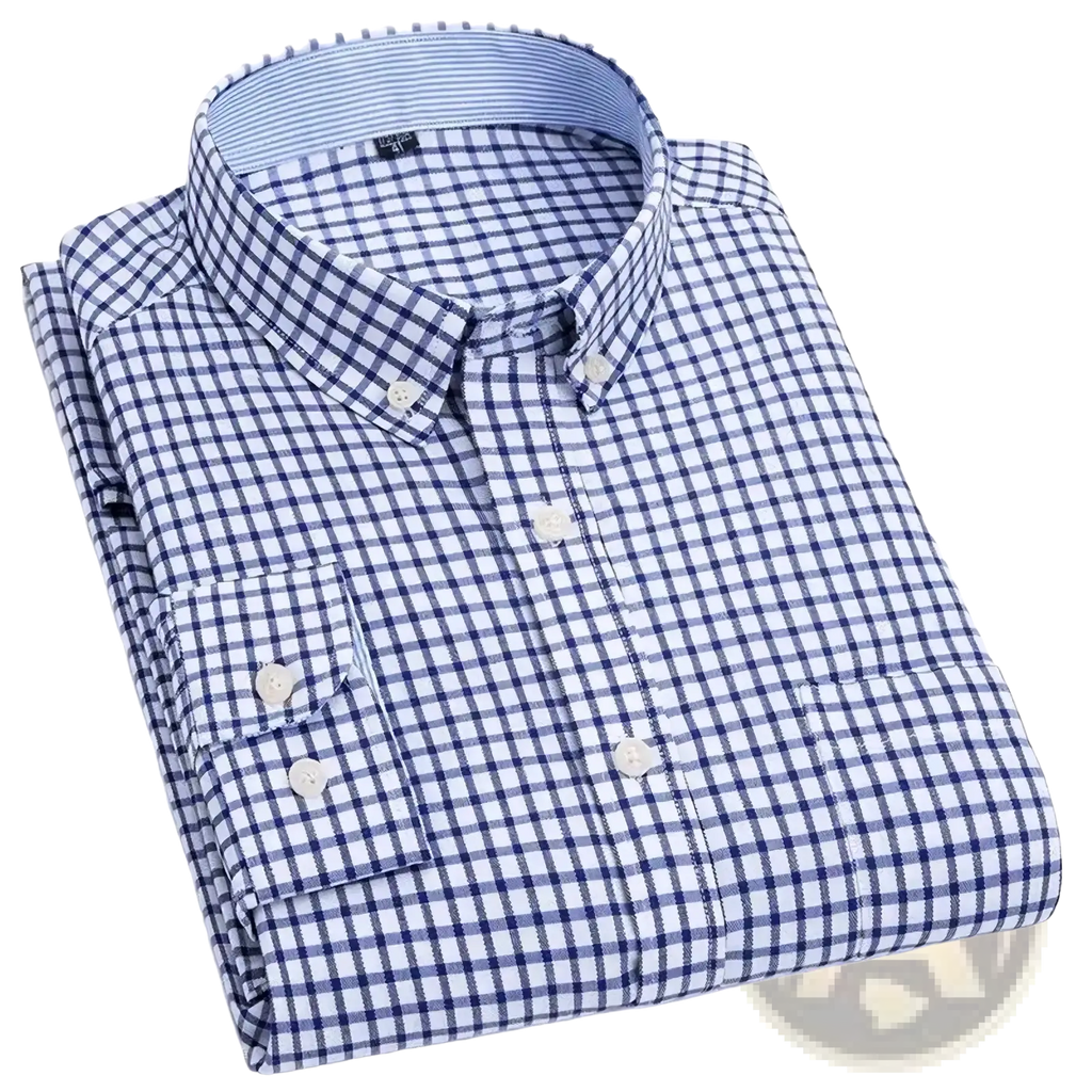 Men long sleeve oxford casual shirt neatly folded with a classic blue and white checkered pattern and crisp contrasting stitching