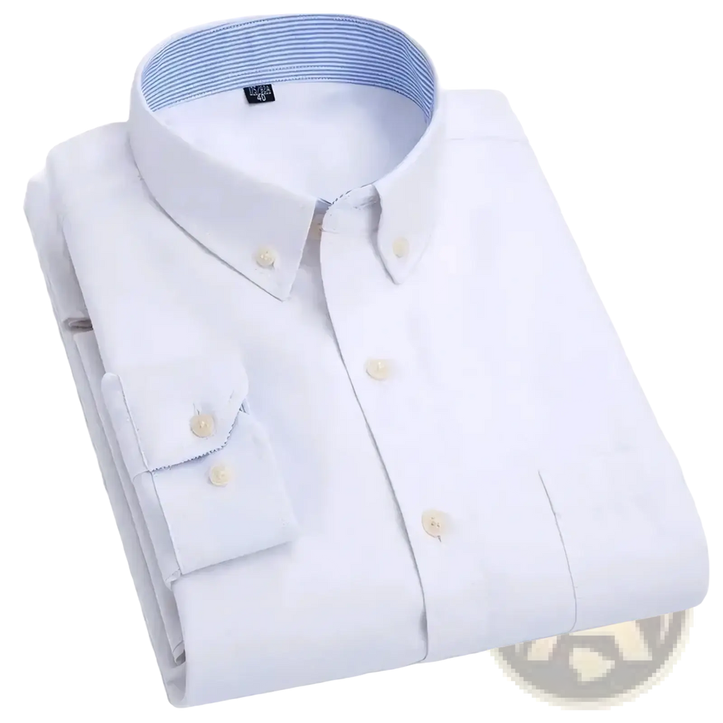 Men long sleeve oxford casual shirt in white with subtle blue and white striped inner collar lining