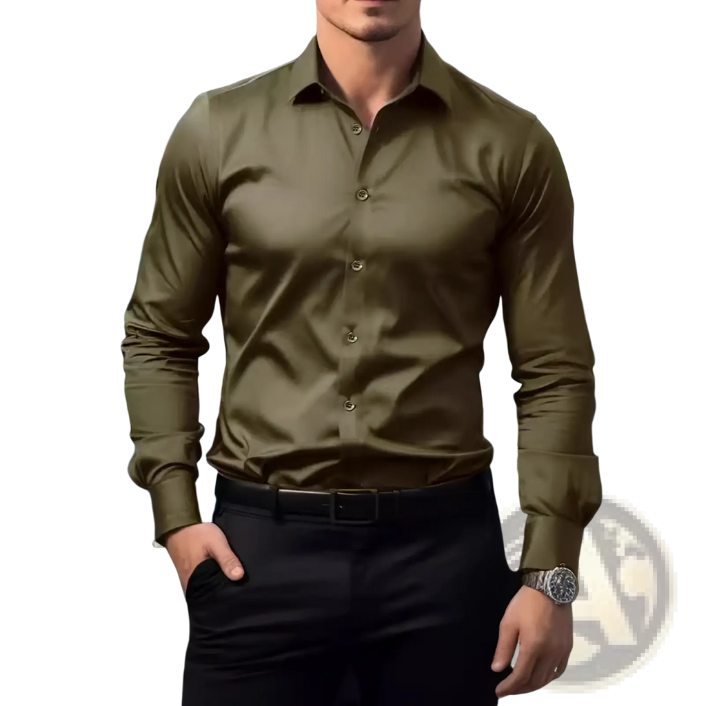 Men long sleeve solid olive green dress shirt with button-down collar and matching cuffs, ideal for formal wear