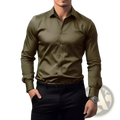 Men long sleeve solid olive green dress shirt with button-down collar and matching cuffs, ideal for formal wear