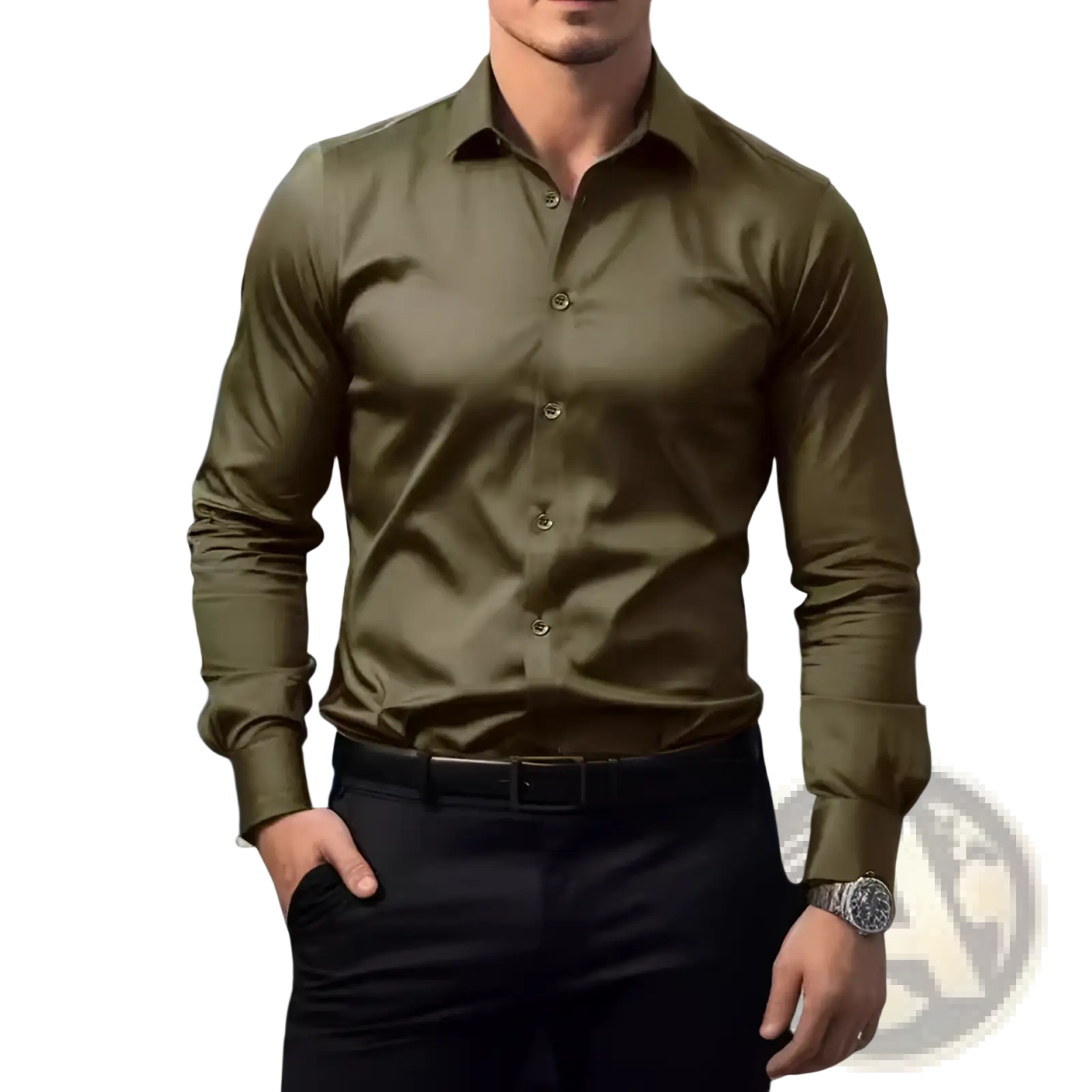 Men long sleeve solid olive green dress shirt with button-down collar and matching cuffs, ideal for formal wear