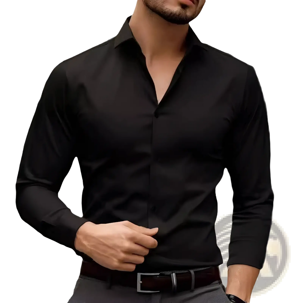 Black men long sleeve solid dress shirt with classic collar and button-down front for formal and professional wear