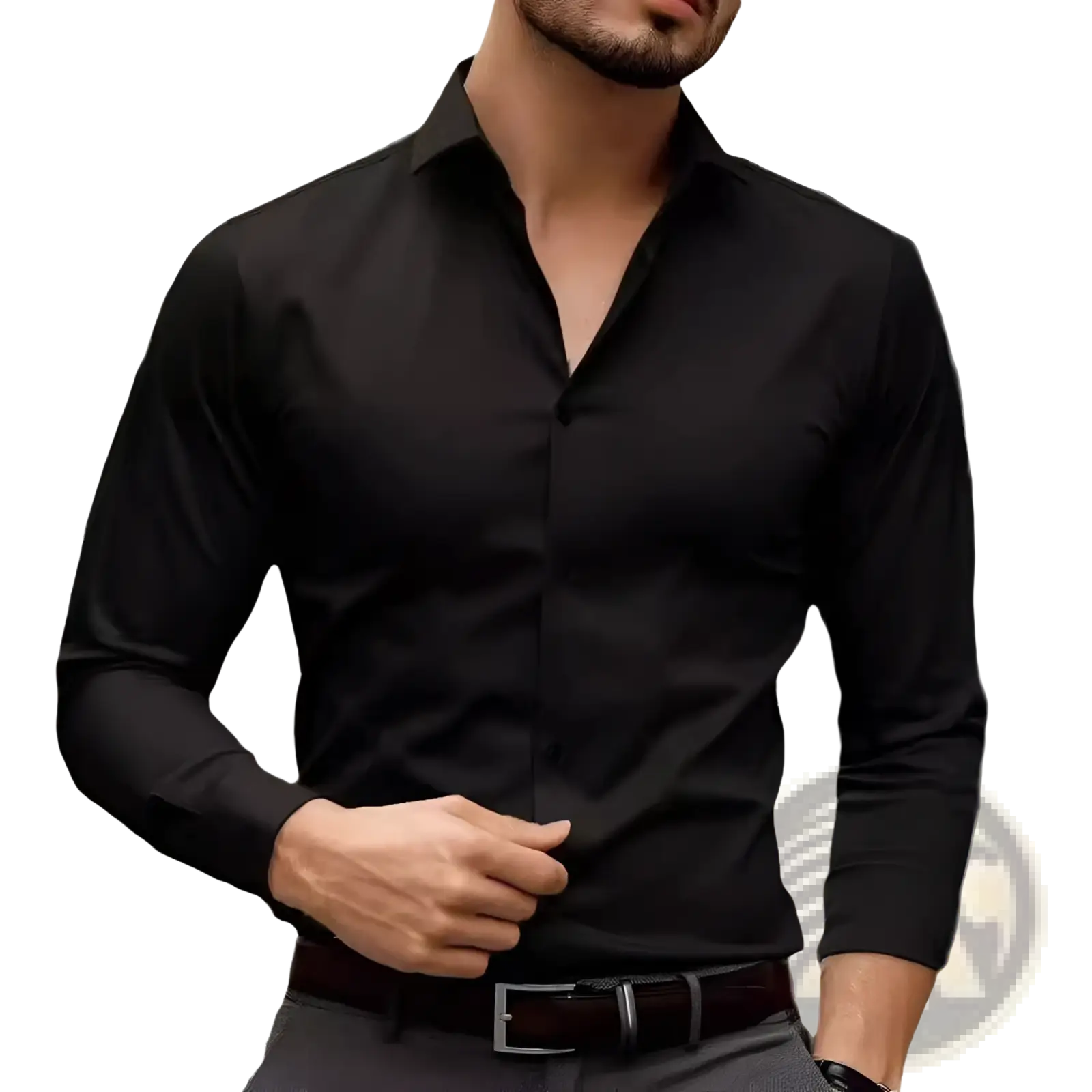 Black men long sleeve solid dress shirt with classic collar and button-down front for formal and professional wear