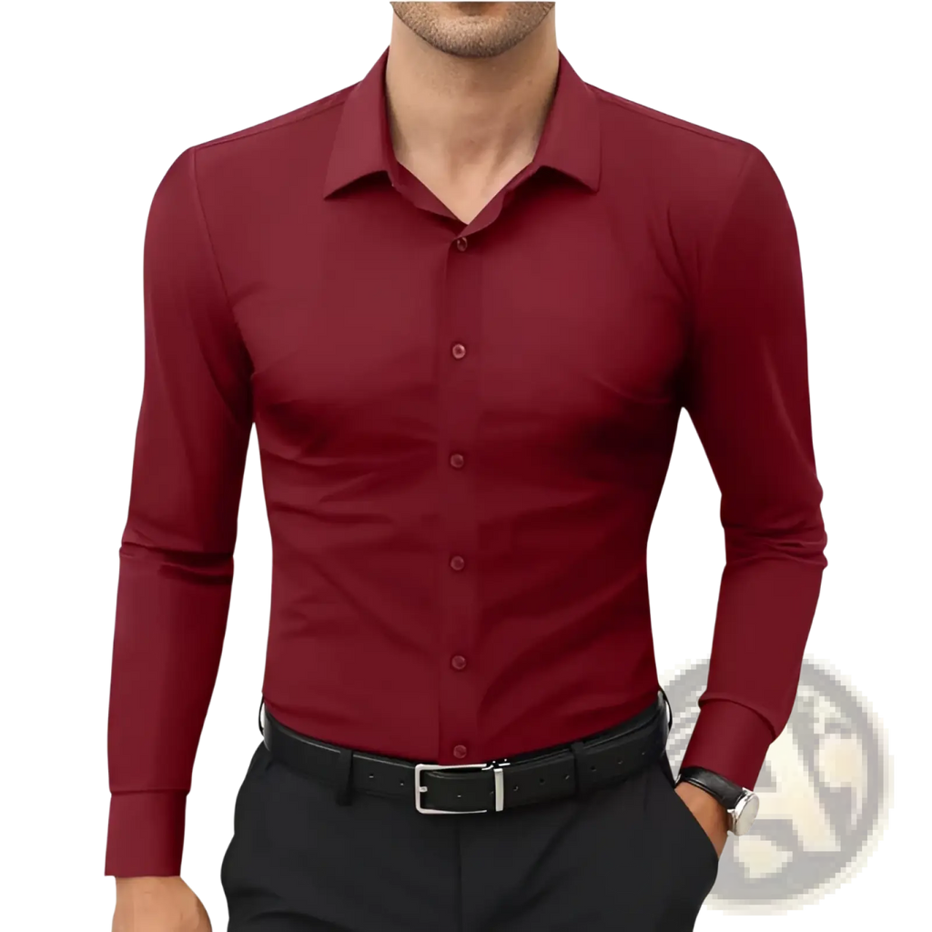 Men long sleeve solid dress shirt in deep red with a fitted design classic collar and button-down front for formal wear