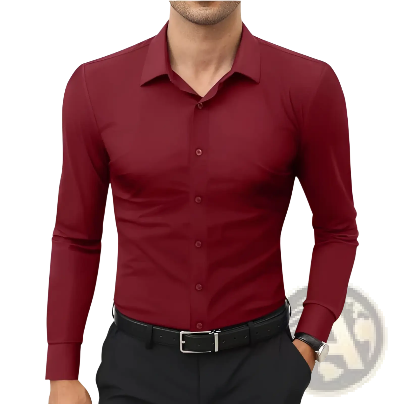 Men long sleeve solid dress shirt in deep red with a fitted design classic collar and button-down front for formal wear