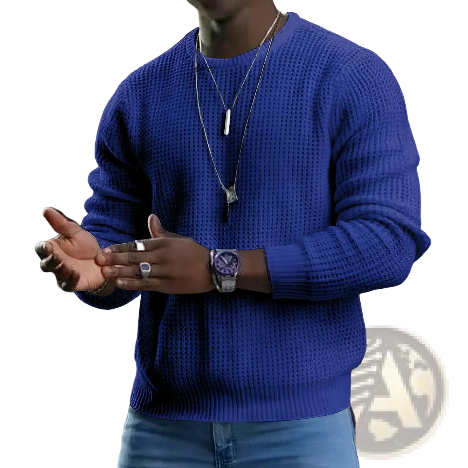 Vibrant royal blue men long sleeve textured knit pullover sweater made of soft durable fabric for casual wear