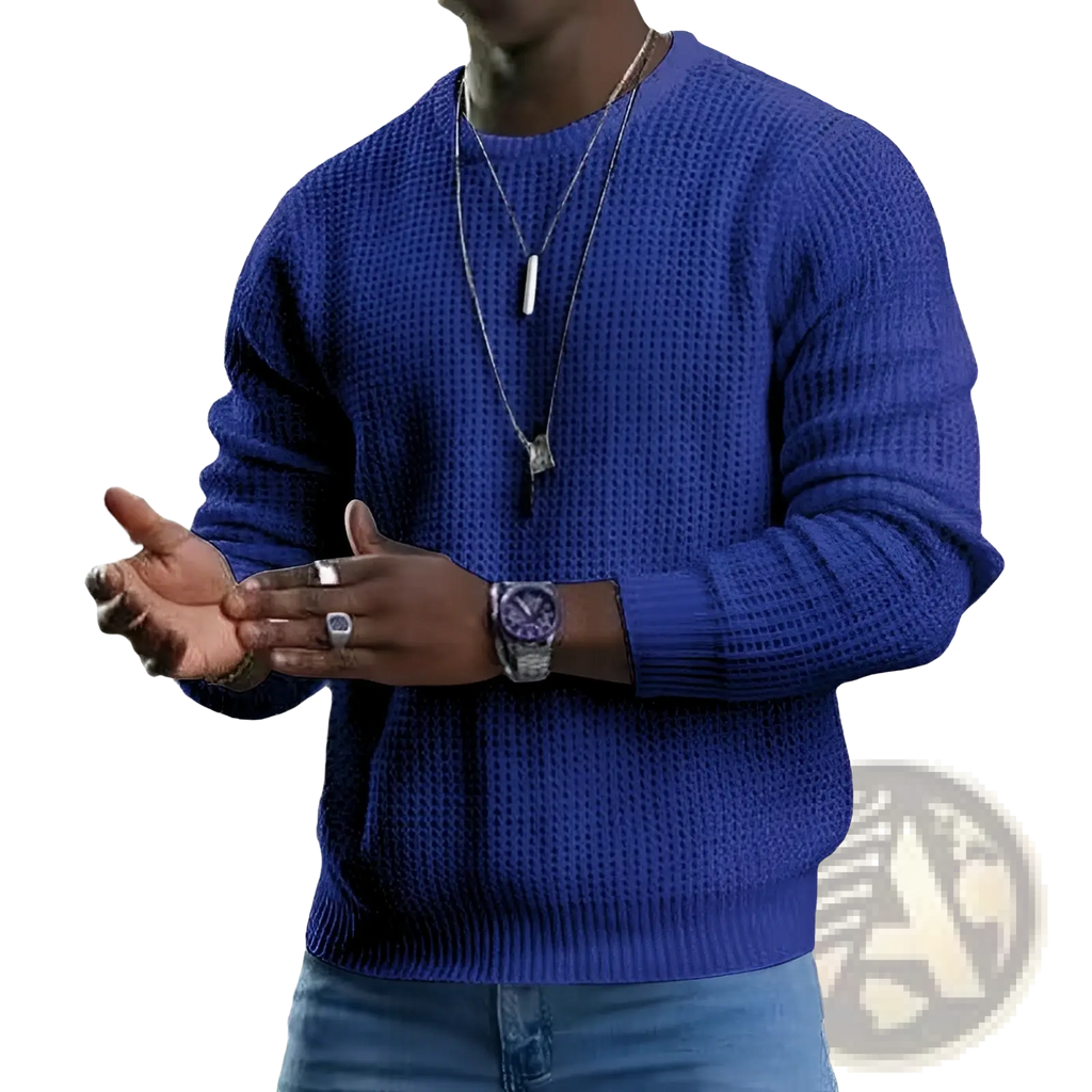 Men long sleeve textured knit pullover sweater in rich royal blue with crew neck and ribbed cuffs