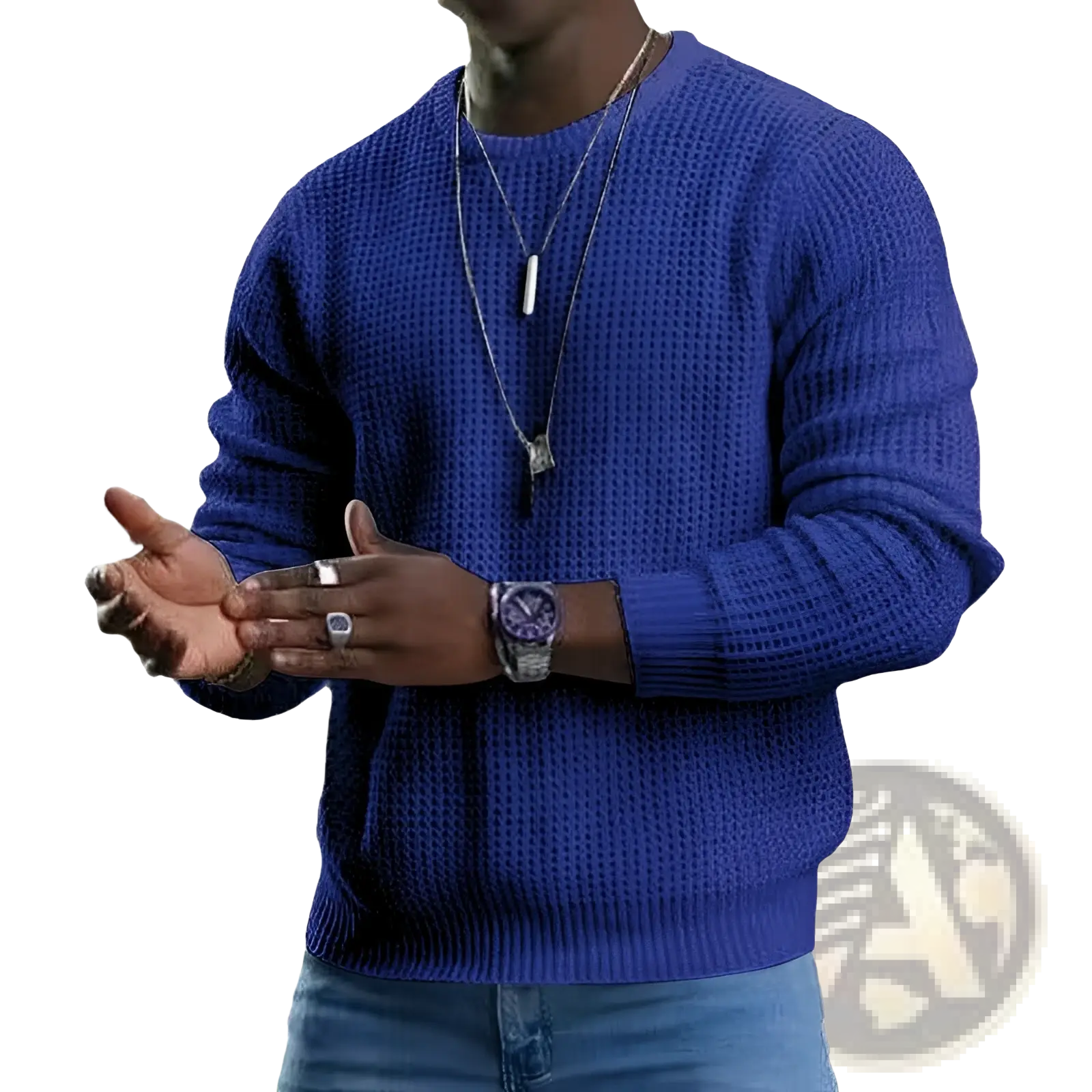 Men long sleeve textured knit pullover sweater in rich royal blue with crew neck and ribbed cuffs