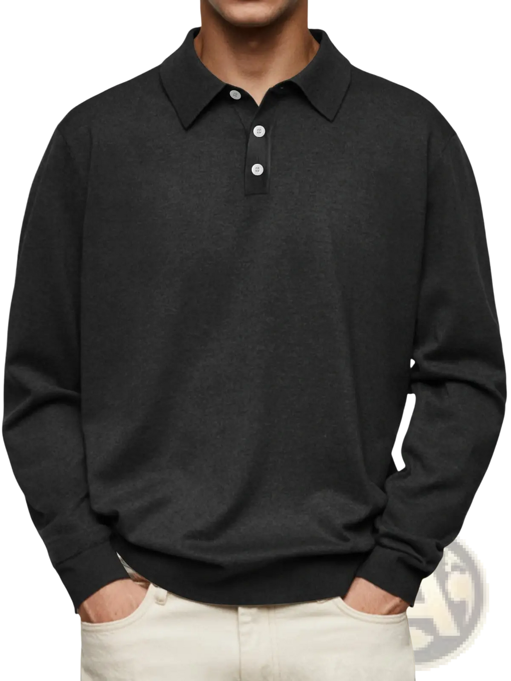 Men long sleeve v neck button polo shirt in black with classic collar and three white buttons front view