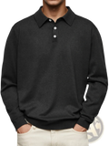 Men long sleeve v neck button polo shirt in black with classic collar and three white buttons front view