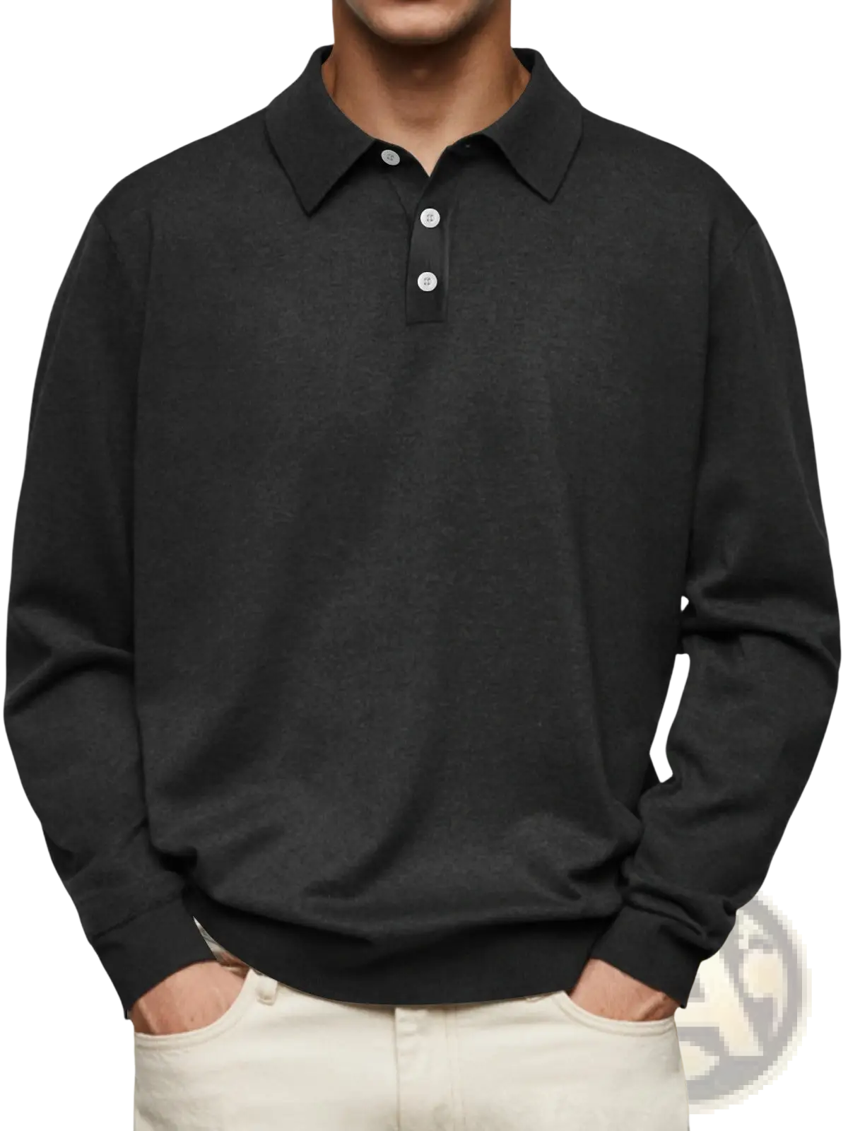 Men long sleeve v neck button polo shirt in black with classic collar and three white buttons front view