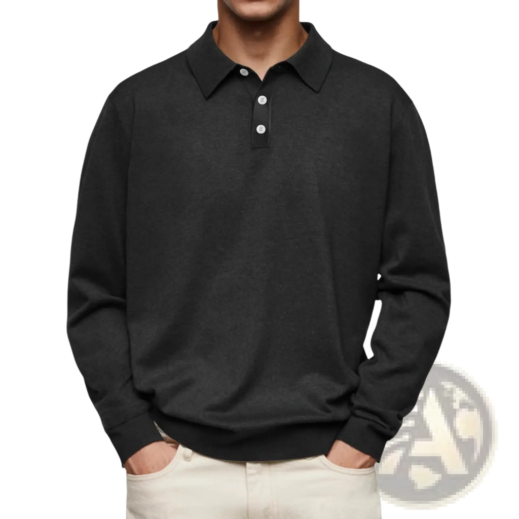 Men long sleeve v-neck polo shirt in black with classic collar and three white buttons for casual wear