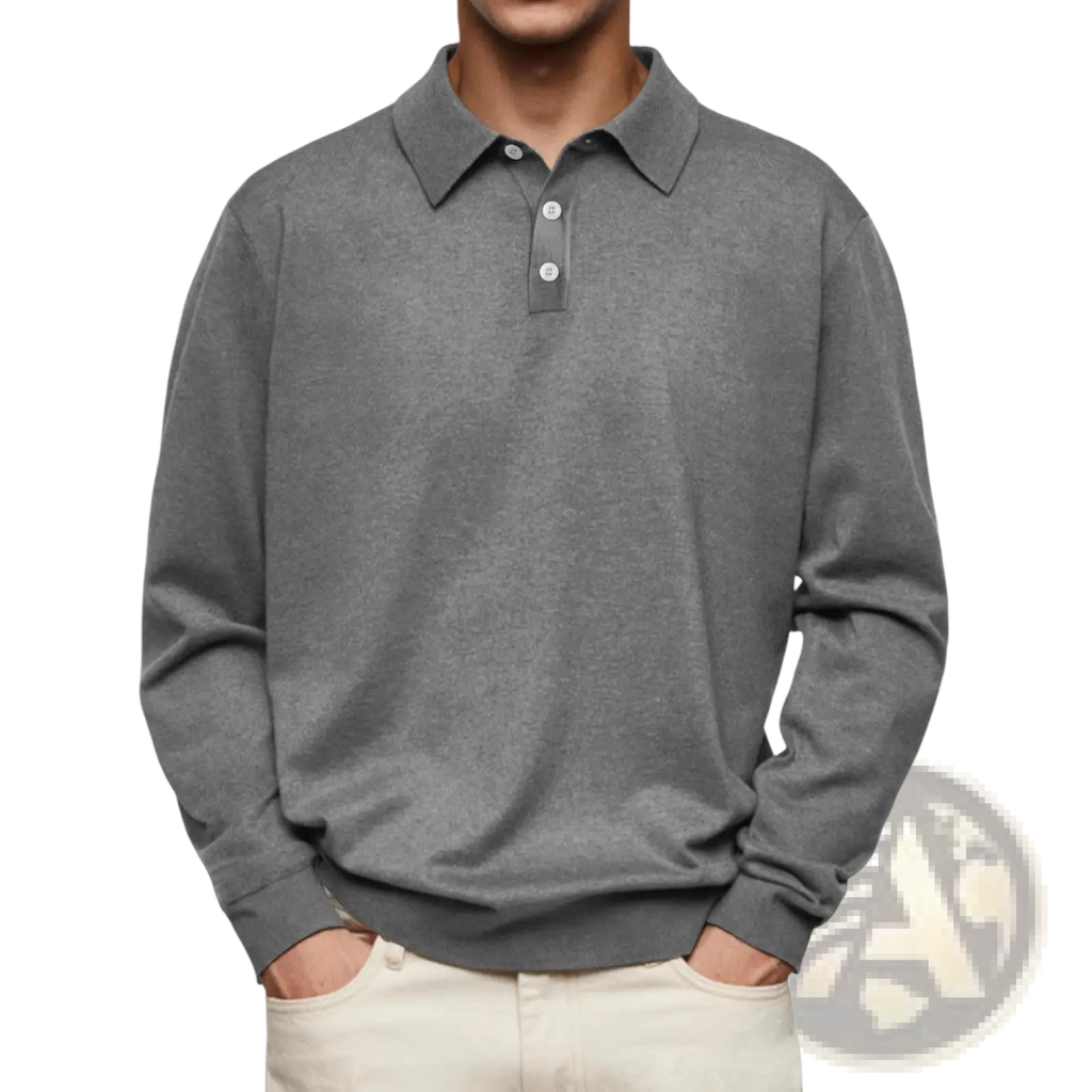 Men long sleeve v-neck button polo shirt in heather gray with classic collar and three white buttons