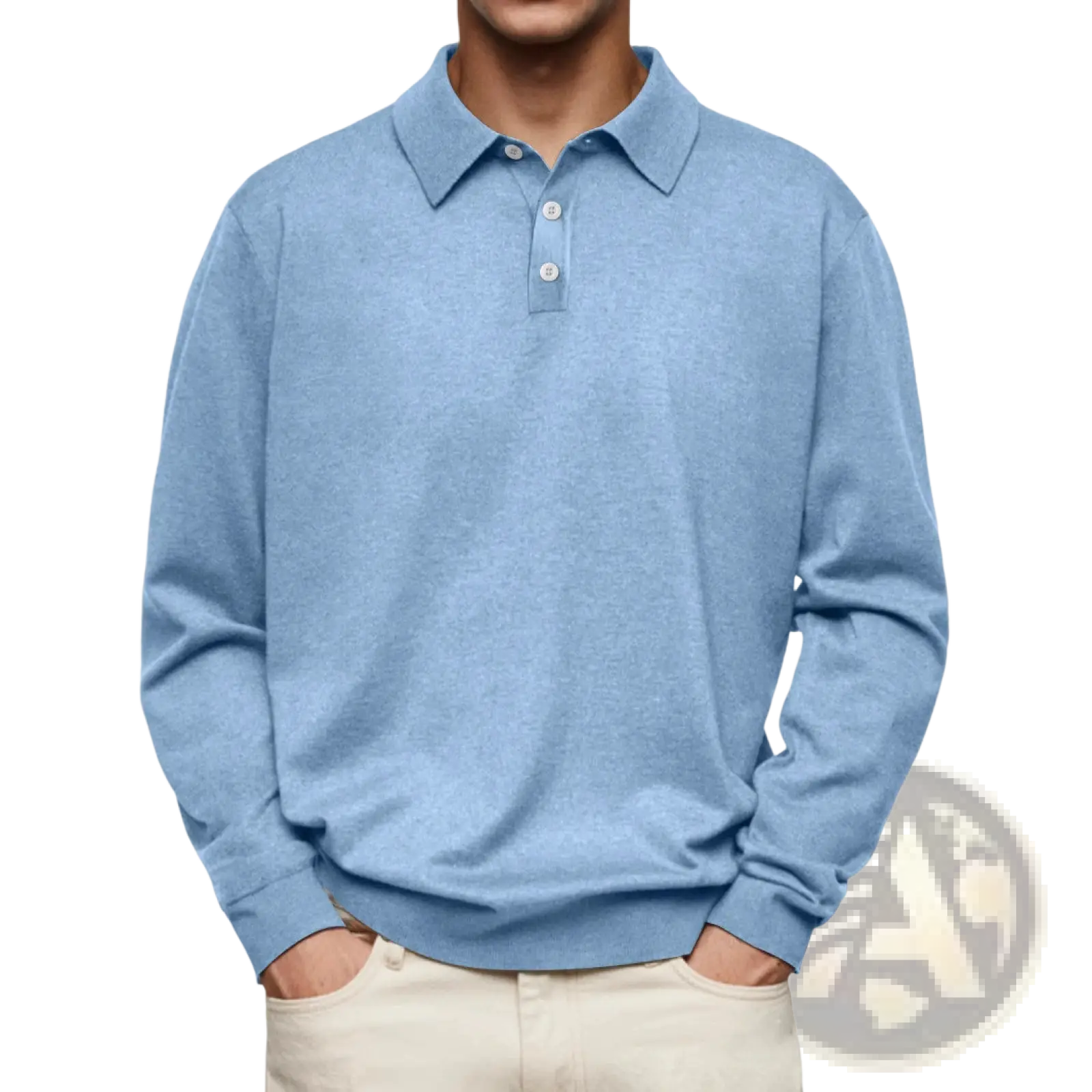 Light blue heathered men long sleeve V-neck button polo shirt with classic collar and three white buttons