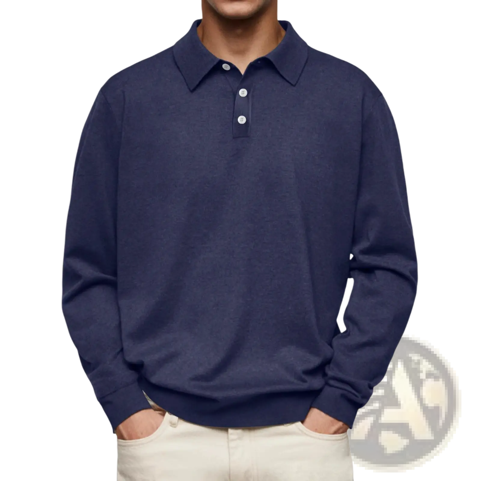 Men long sleeve v-neck button polo shirt in navy blue with white buttons made from soft breathable fabric