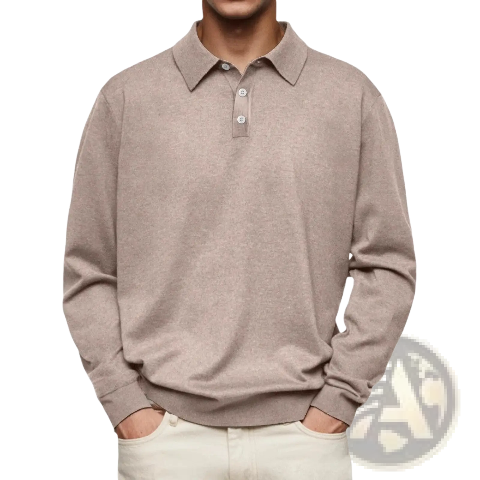 Men long sleeve v-neck button polo shirt in soft heathered beige with classic collar and three-button placket