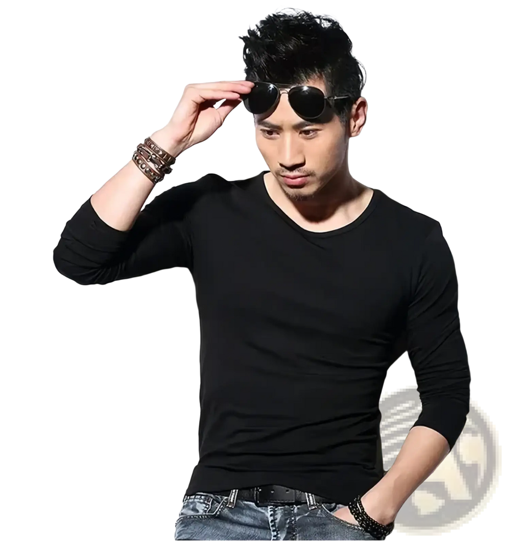 Men long sleeve v neck slim fit t shirt in black made from soft cotton for casual and formal wear