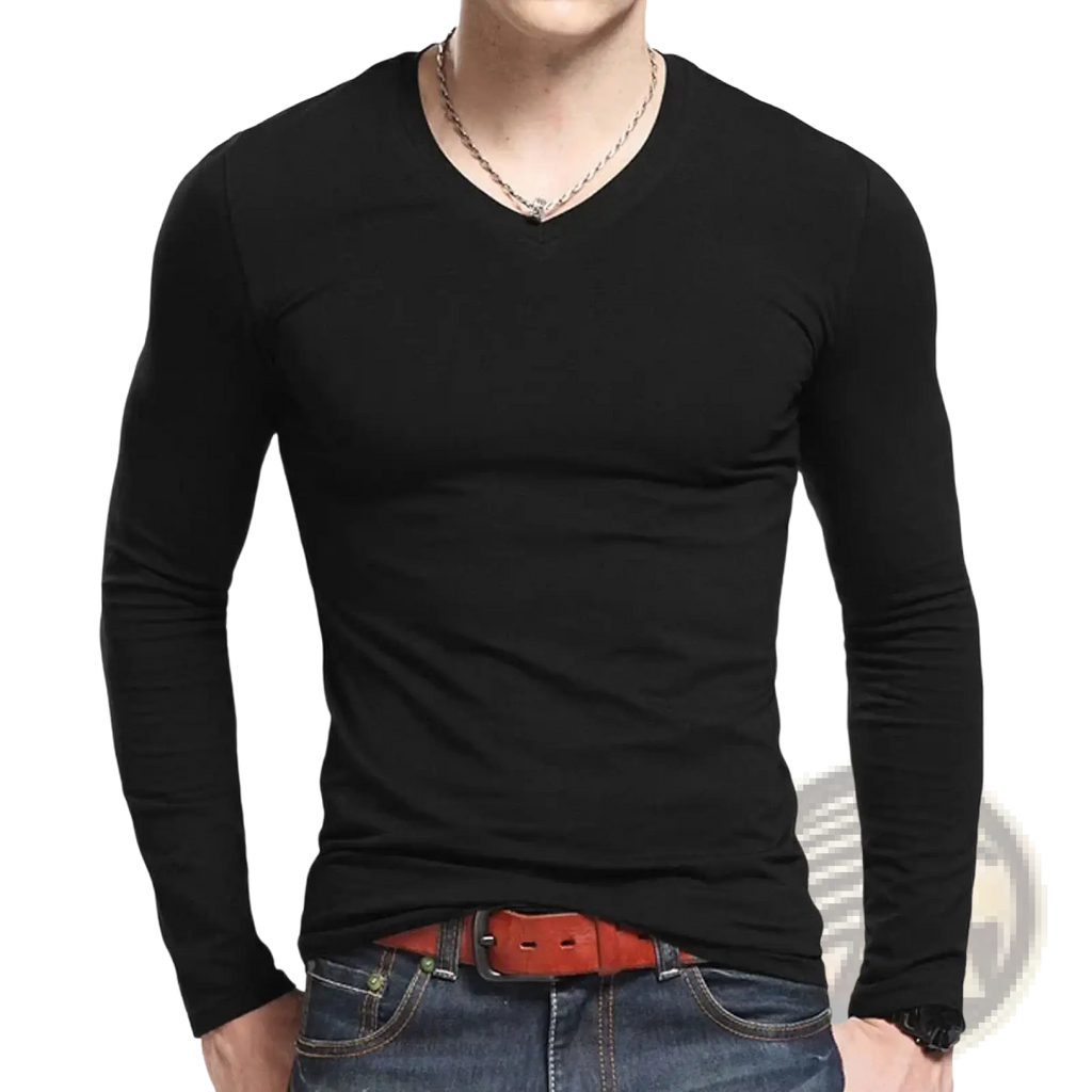 Men long sleeve v neck slim fit t shirt in black made of smooth form fitting fabric showing front view