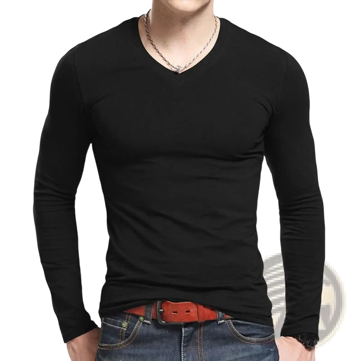 Men long sleeve v neck slim fit t shirt in black made of smooth form fitting fabric showing front view