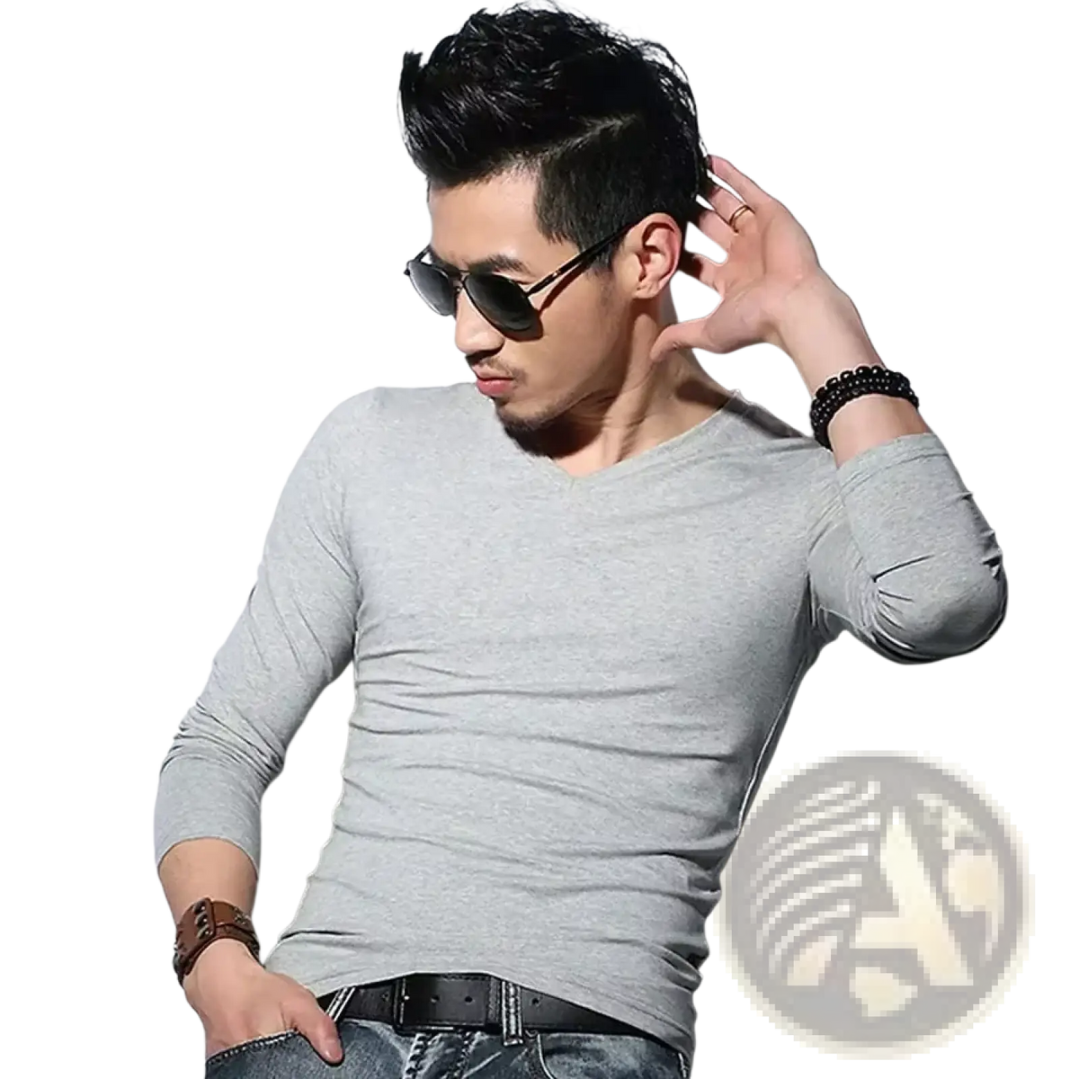 Men long sleeve v neck slim fit t shirt in pale gray made from soft breathable fabric suitable for casual wear