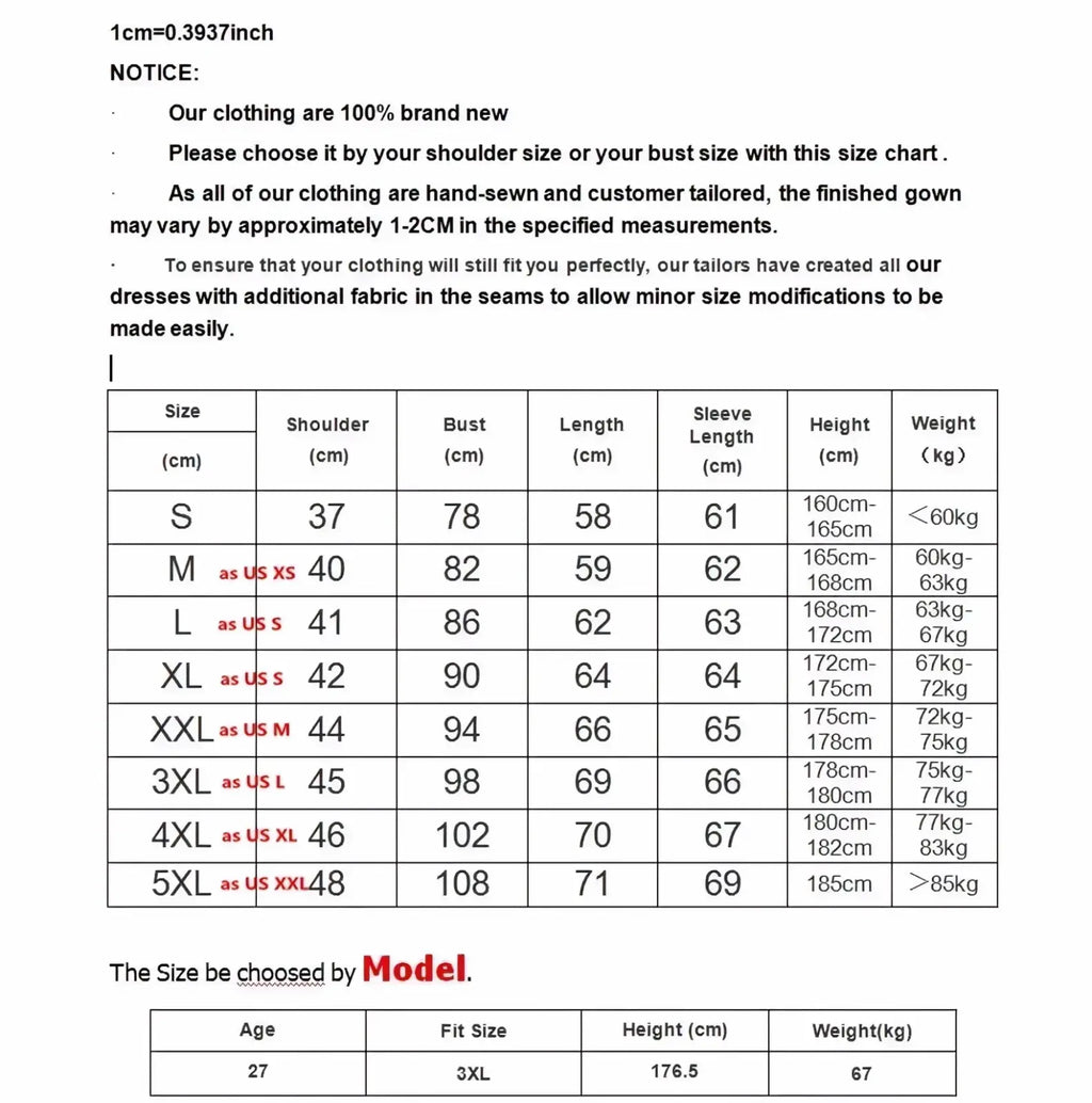 Size chart for men long sleeve v neck slim fit t shirt in 3xl showing measurements in cm and kg from s to 5x