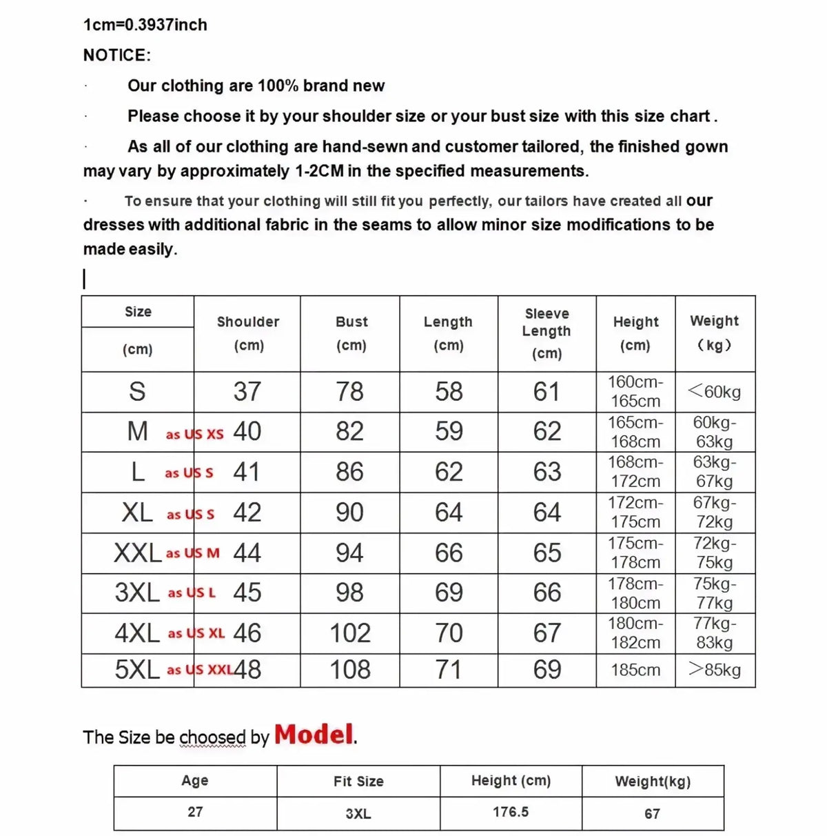 Size chart for men long sleeve v neck slim fit t shirt in 3xl showing measurements in cm and kg from s to 5x
