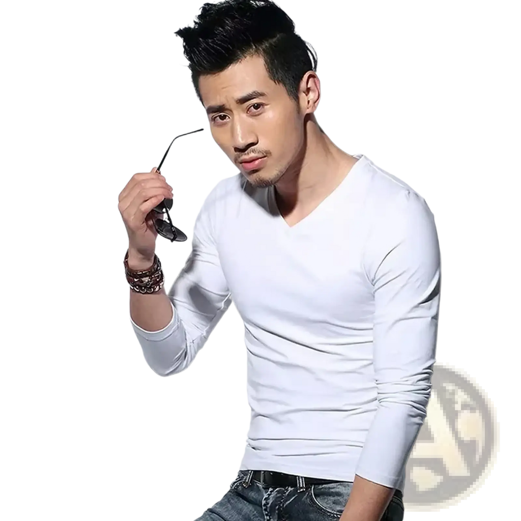 Men long sleeve slim fit v neck white shirt made from soft breathable fabric ideal for casual wear