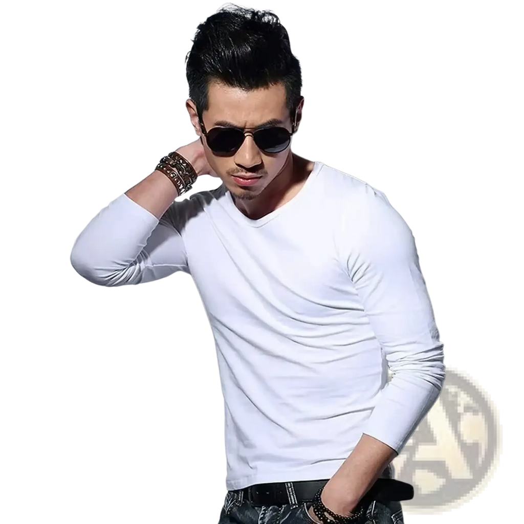 Men long sleeve v neck slim fit t shirt in white cotton fabric suitable for casual and formal wear