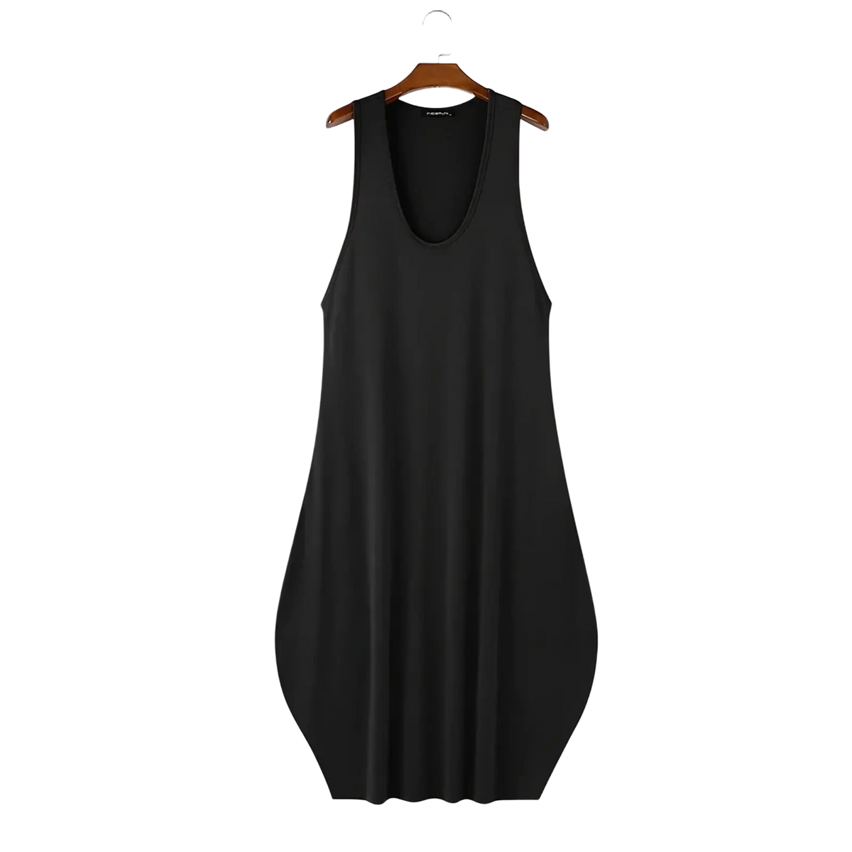 Black sleeveless men long tank top with a flowing loose fit and rounded neckline for summer streetwear