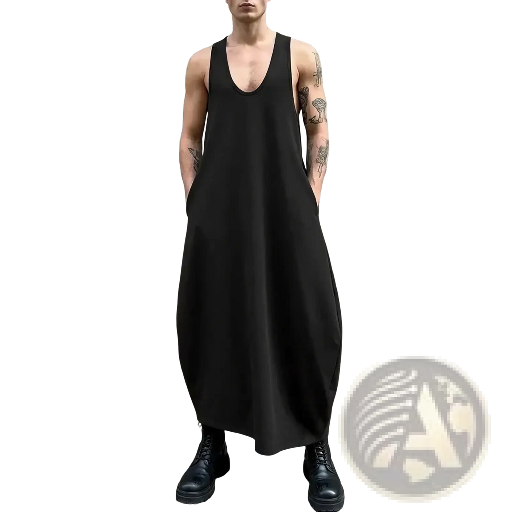 Black sleeveless long dress with deep v-neckline and relaxed fit made from soft fabric for summer streetwear