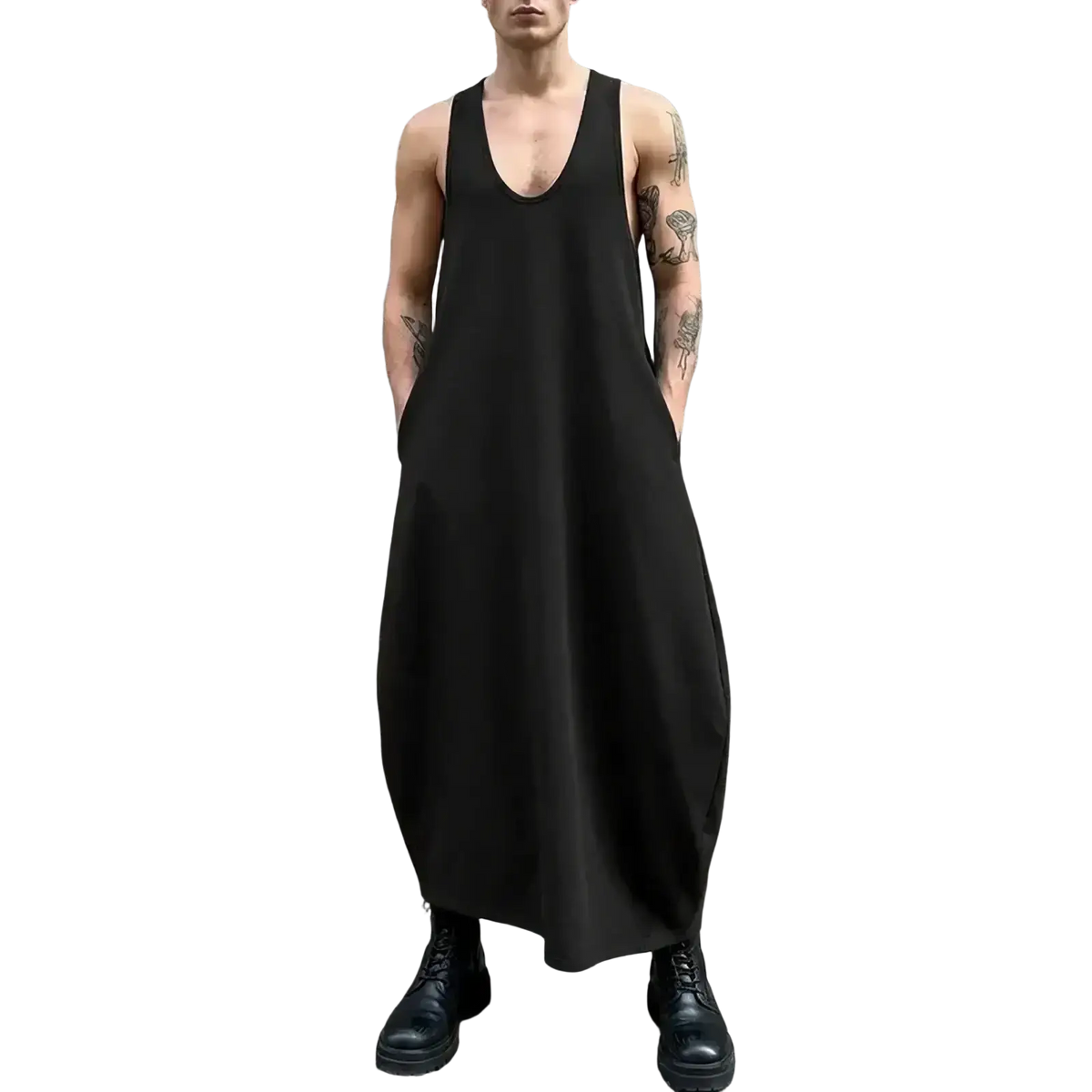 Black sleeveless men long tank top with deep v-neckline and loose flowy fit ideal for summer streetwear