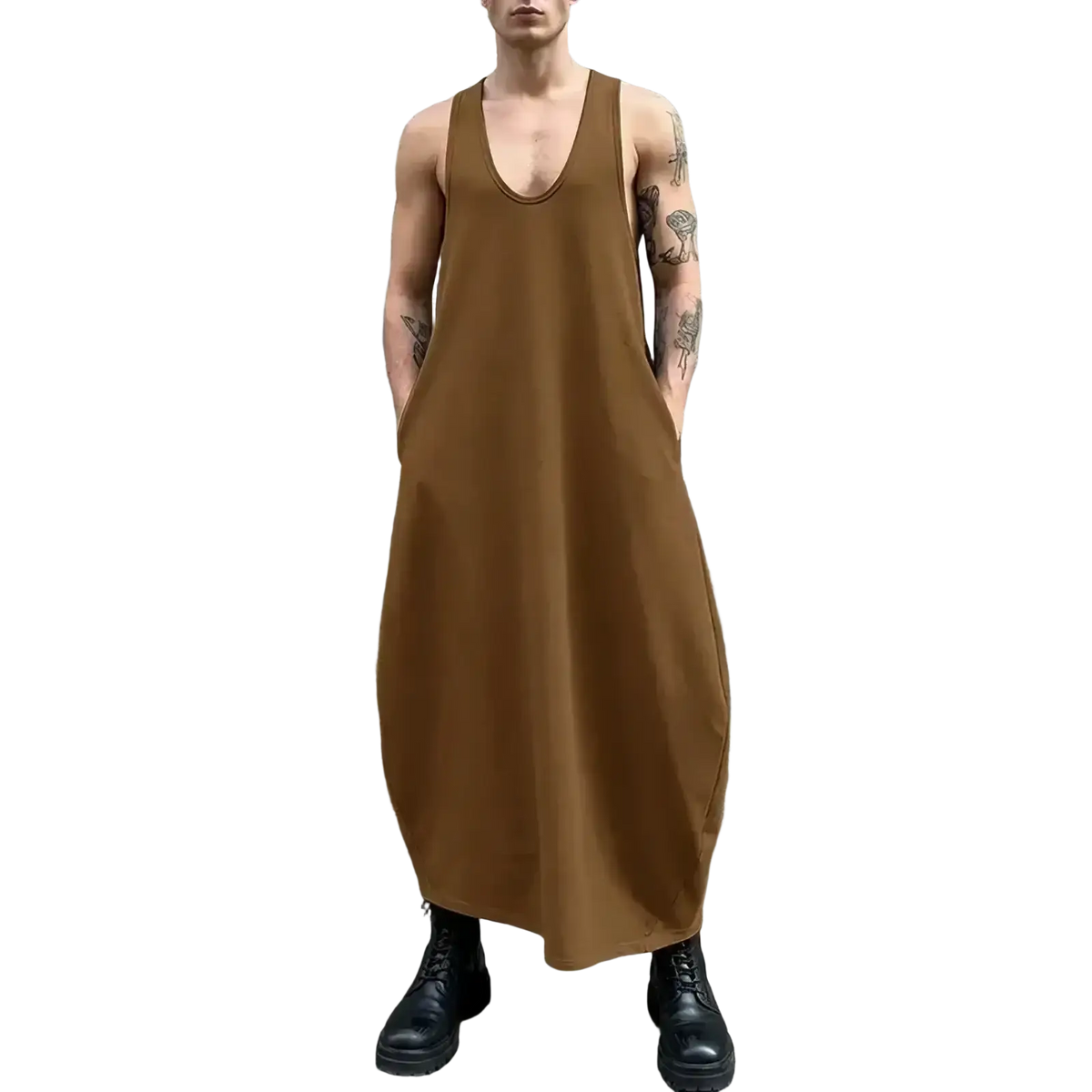 A brown sleeveless floor-length dress with side pockets featured as men long tank loose summer streetwear essential