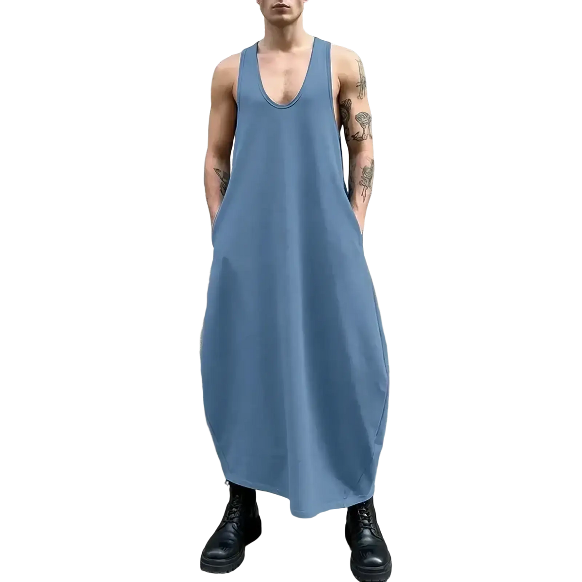 Men long blue sleeveless dress with deep v-neckline and side pockets in summer streetwear long tank style