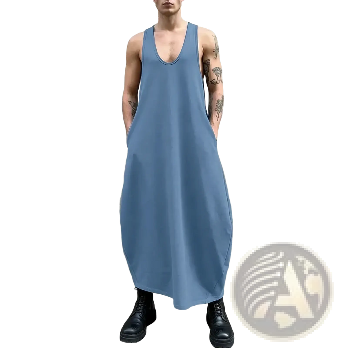 A men long tank top loose summer streetwear dress in blue with deep v neck and side pockets made from soft fabric