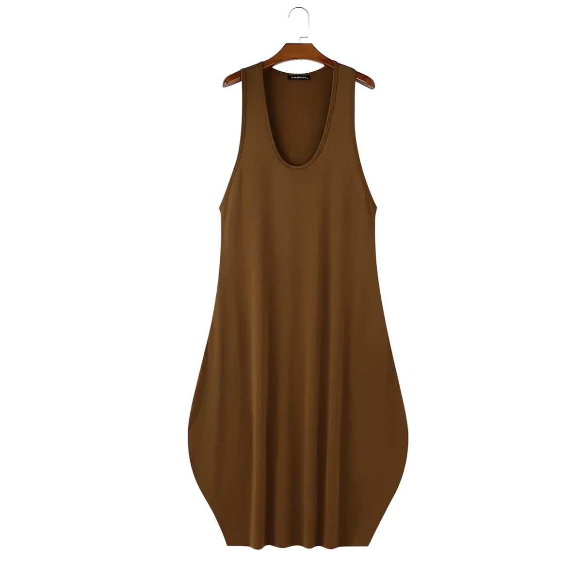 A sleek sleeveless brown men long tank top with a flowing silhouette made of soft fabric for summer streetwear