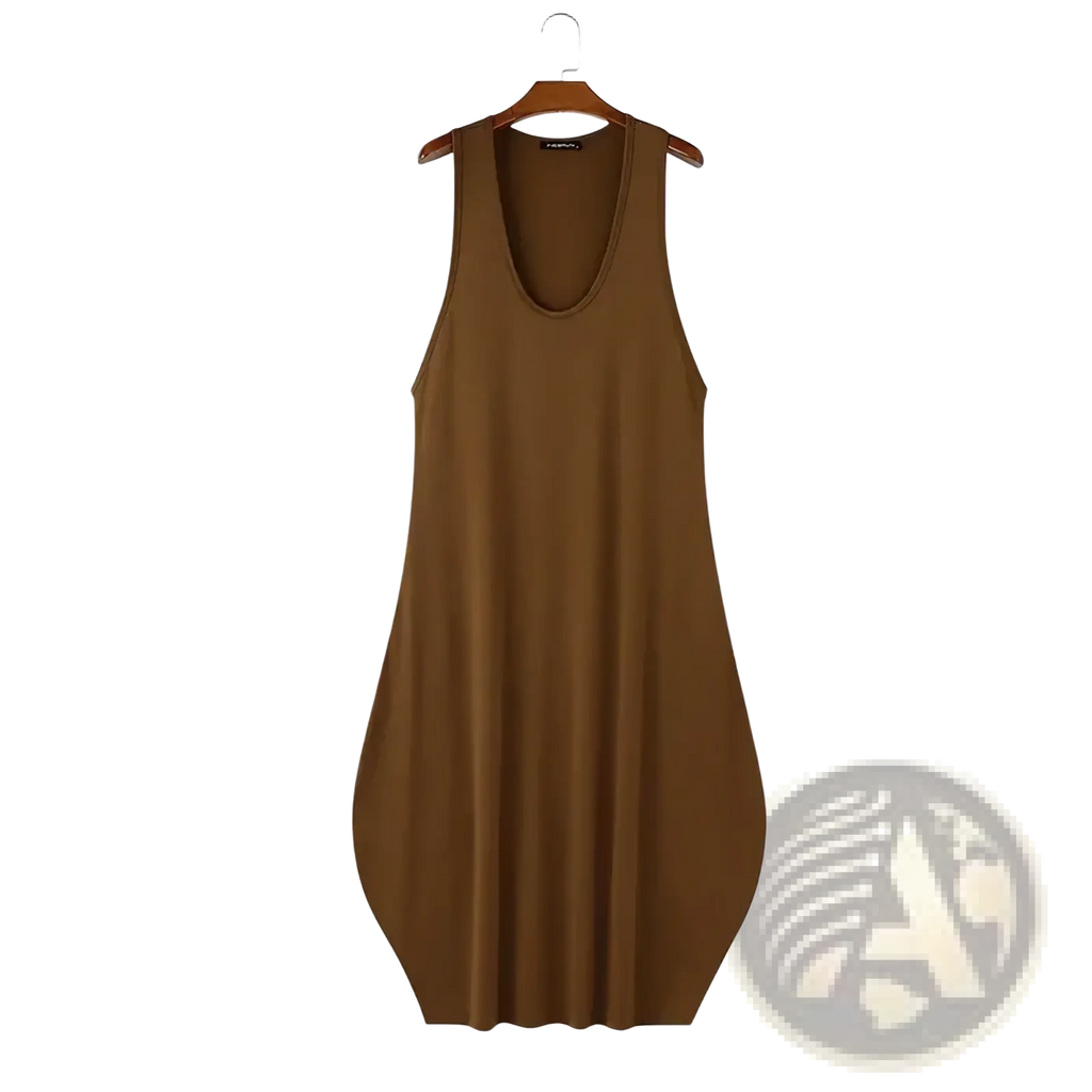 A sleek solid brown men long tank top with a scoop neckline and loose flowing silhouette for summer streetwear