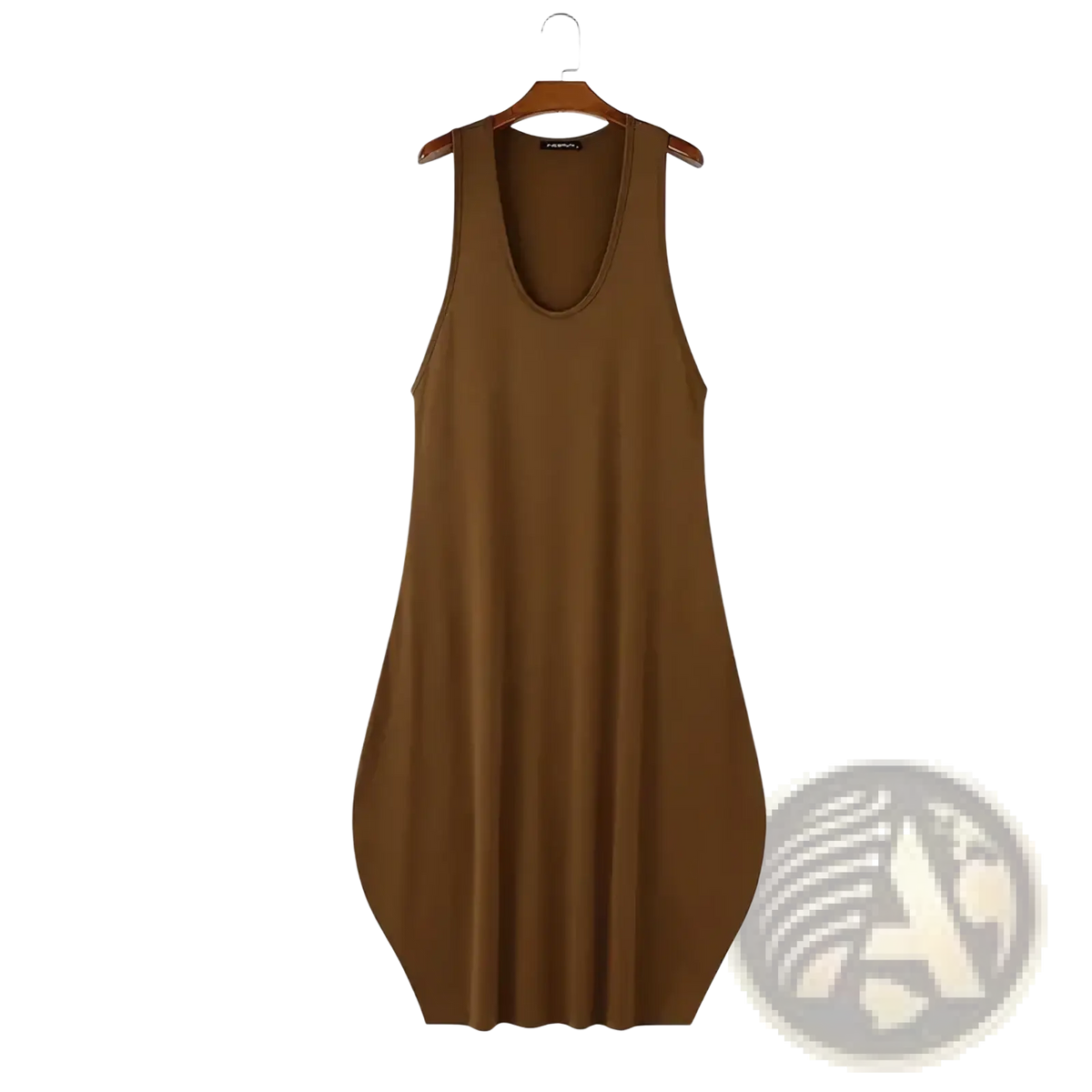 A sleek solid brown men long tank top with a scoop neckline and loose flowing silhouette for summer streetwear