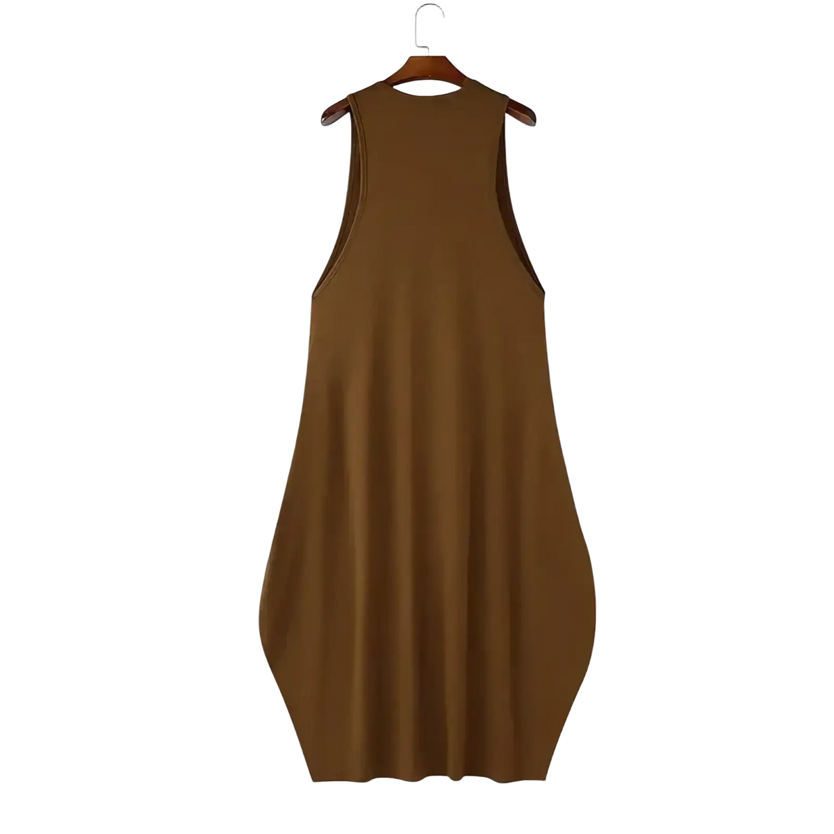 A sleeveless brown straight-cut dress on a wooden hanger suitable for men long tank summer streetwear