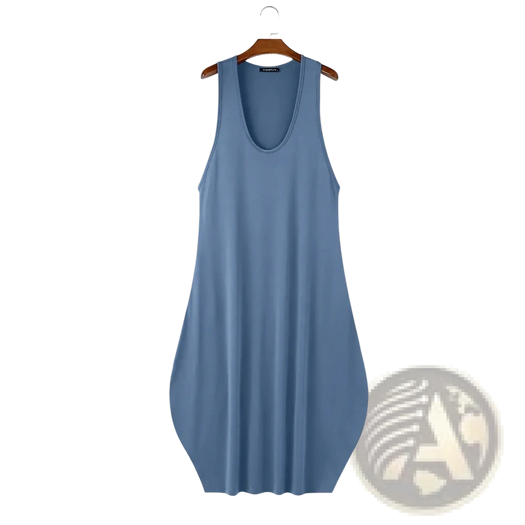 A soft light blue men long tank top with a loose fit and rounded neckline hanging on a wooden hanger