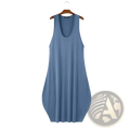 A soft light blue men long tank top with a loose fit and rounded neckline hanging on a wooden hanger