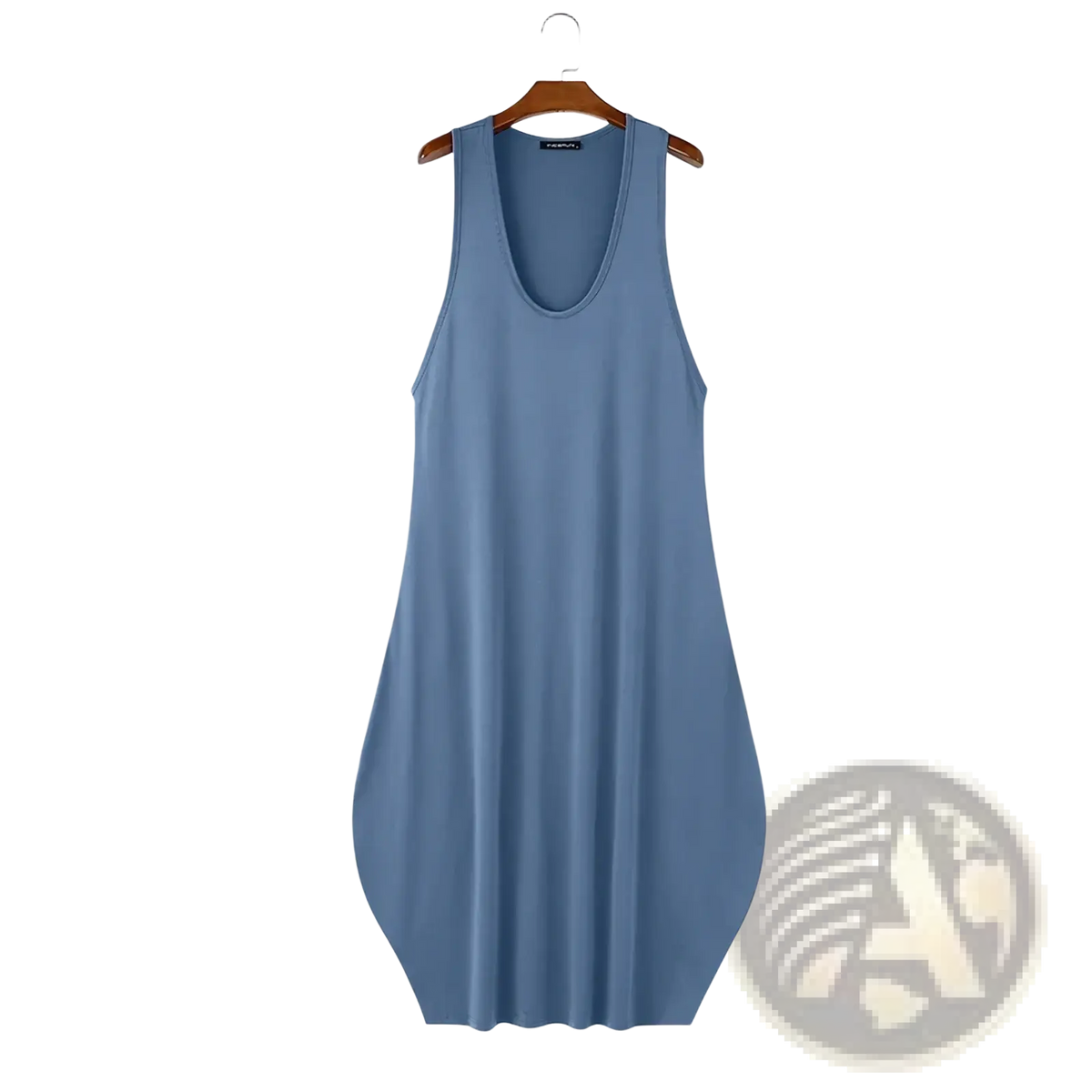 A soft light blue men long tank top with a loose fit and rounded neckline hanging on a wooden hanger