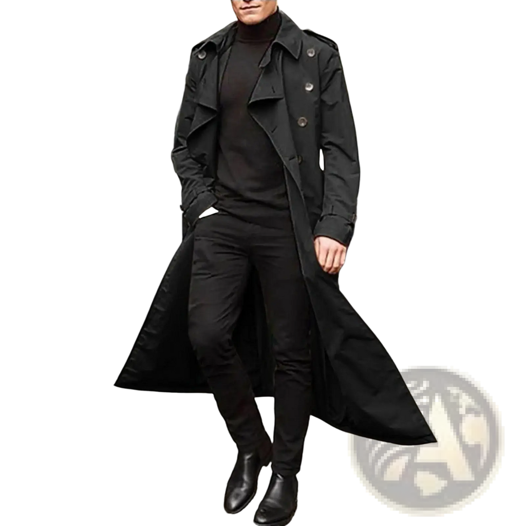 Men long black trench coat with classic double-breasted design and epaulets for waterproof winter outerwear